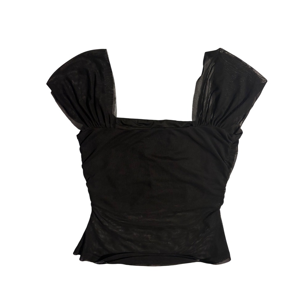 Tiger Mist Black Mesh Ruched Cap Sleeve Halter Square Neck Top Womens M Emo Goth - Picture 8 of 8